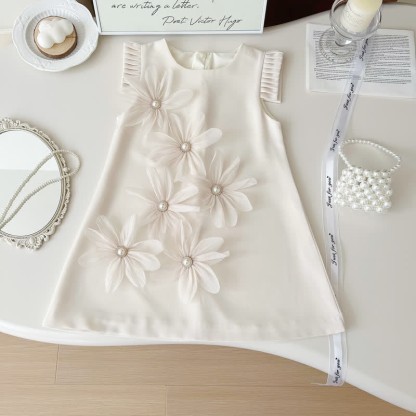 Toddler 3D Flower Sleeveless Graceful Dress - Beige - 10Y - image 1