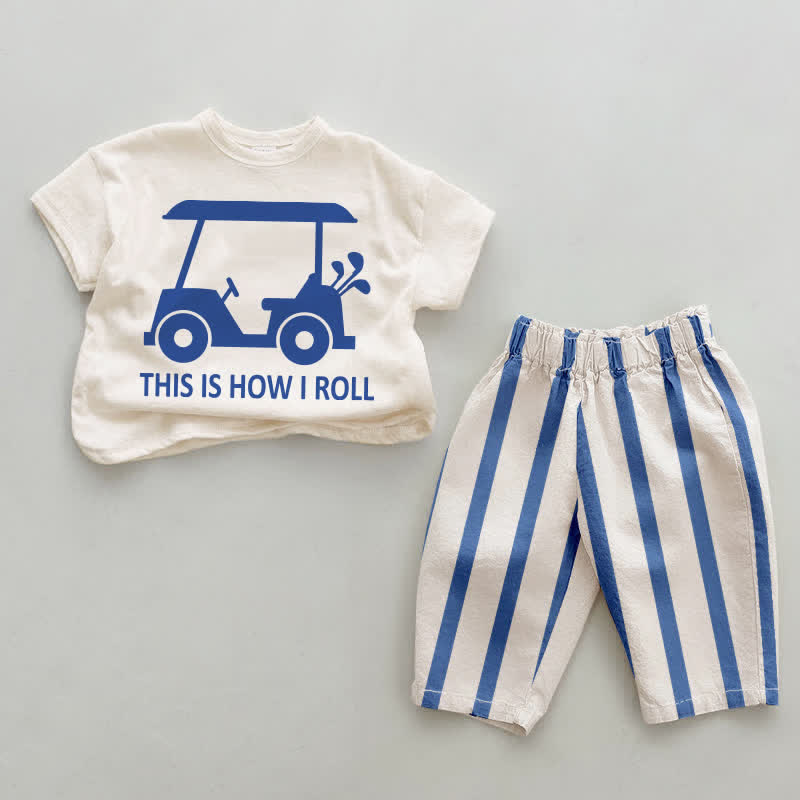 THIS IS HOW I ROLL Baby Golf Cart Blue Vertical Striped 2-piece Set - White&Blue - 2-3T - image 1