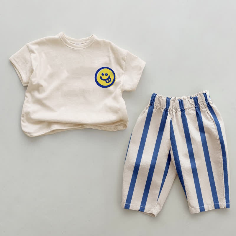 Baby Smiley Face Logo Blue Vertical Striped 2-piece Set - White&Blue - 2-3T - image 1