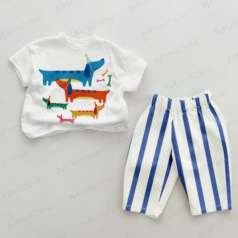 Baby Dachshund Blue Vertical Striped 2-piece Set - White&Blue - 2-3T - image 1