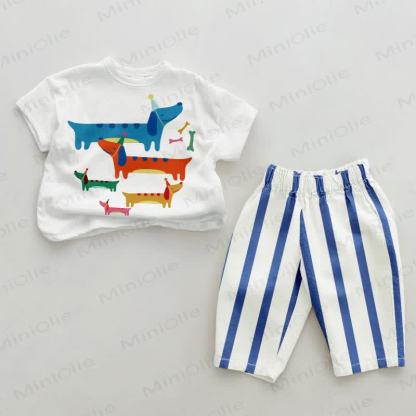 Baby Dachshund Blue Vertical Striped 2-piece Set - White&Blue - 2-3T - image 1