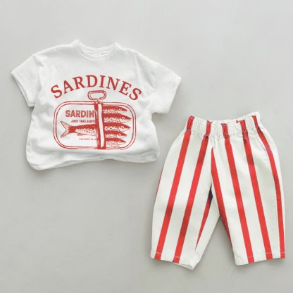 Baby Canned Sardines Red Vertical Striped 2-piece Set - White&Red - 2-3T - image 1