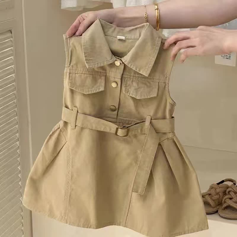 Toddler Khaki Sleeveless Dress with Belt - Khaki - 8Y - image 1