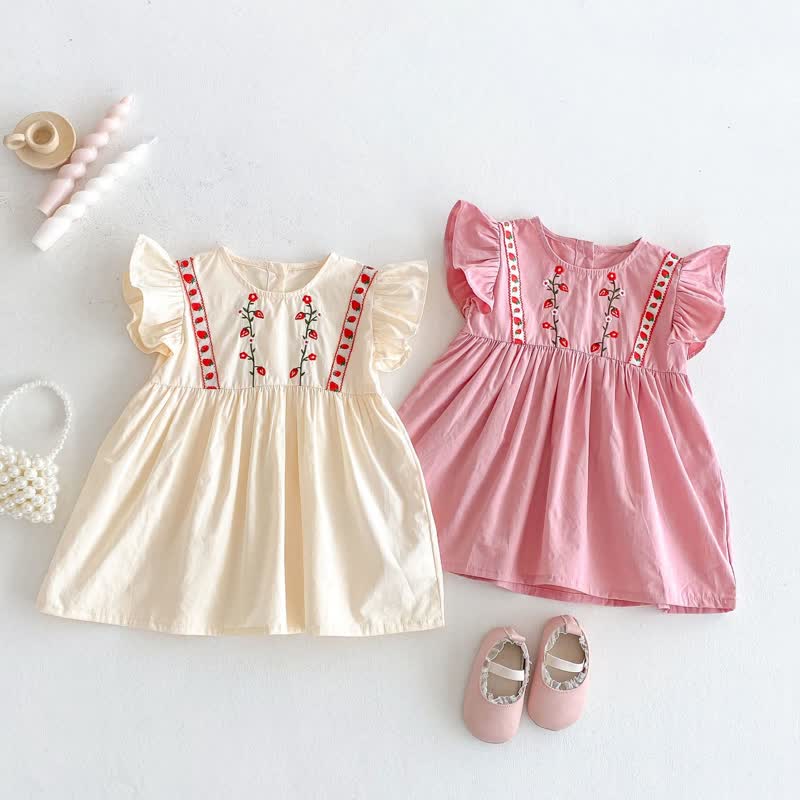 Toddler Embroidered Strawberry Ruffle Sleeves Dress - image 1