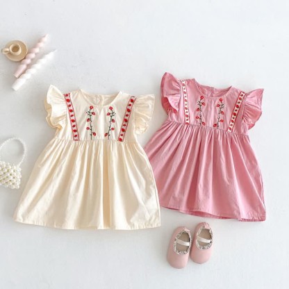 Toddler Embroidered Strawberry Ruffle Sleeves Dress - image 1