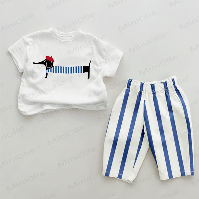 Baby 2-Piece Cute Dachshund Blue Striped Set - White&Blue - 2-3T - image 1