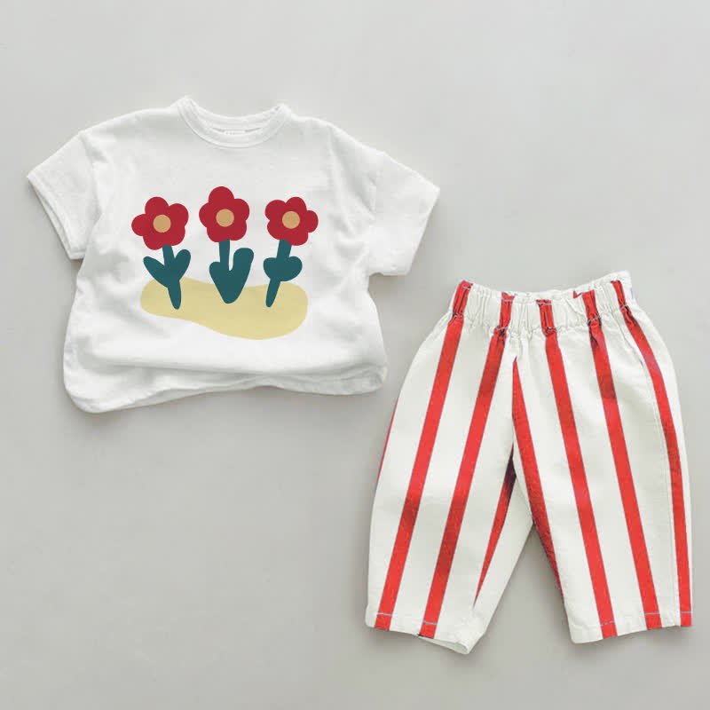 Baby 2-Piece Red Triple Flowers Striped Set - White&Red - 2-3T - image 1