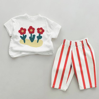 Baby 2-Piece Red Triple Flowers Striped Set - White&Red - 2-3T - image 1