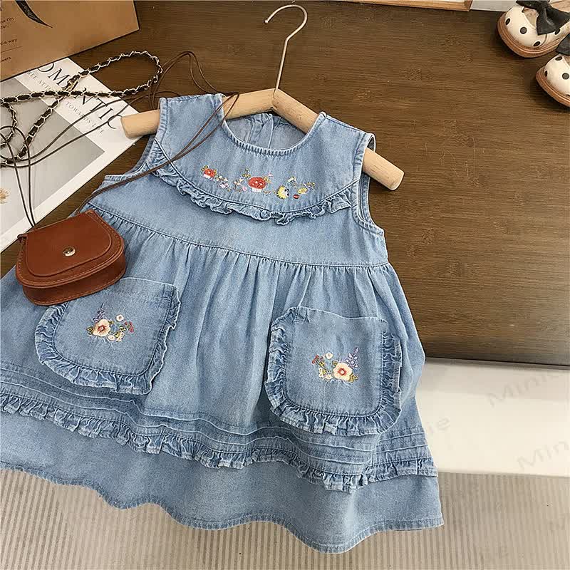 Toddler Denim Embroidered Mushroom Dress - image 1