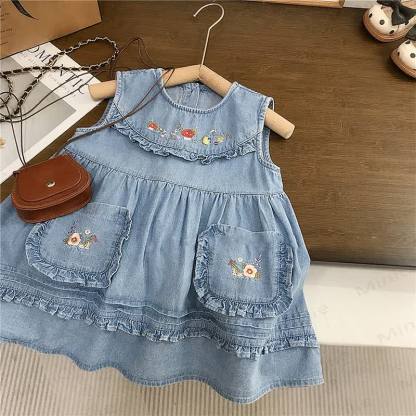 Toddler Denim Embroidered Mushroom Dress - image 1