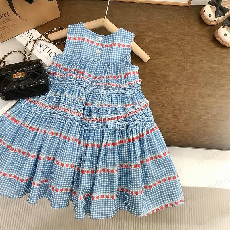 Toddler Blue Plaid Strawberry Sleeveless Dress - image 4