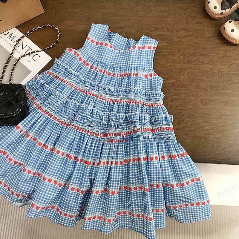 Toddler Blue Plaid Strawberry Sleeveless Dress - image 1
