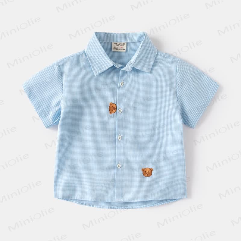 Kid Boy Cartoon Bear Plaid Shirt Top - Blue - 8Y - image 8