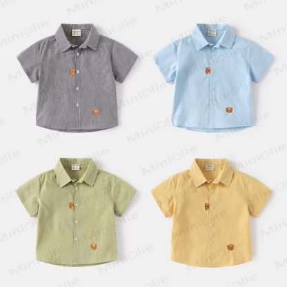 Kid Boy Cartoon Bear Plaid Shirt Top - image 1