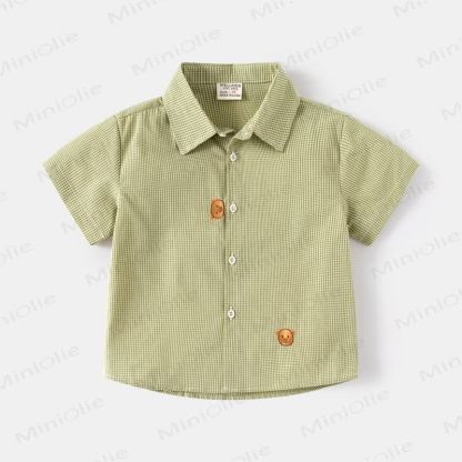 Kid Boy Cartoon Bear Plaid Shirt Top - Green - 8Y - image 10