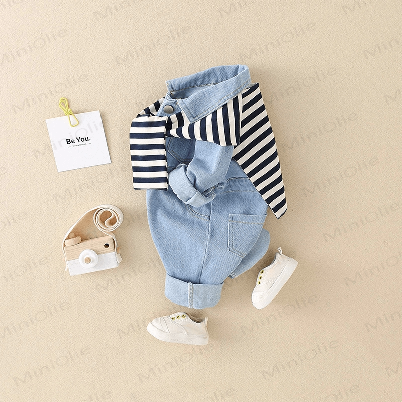 Baby Blue Denim Romper with Striped Shawl - image 2