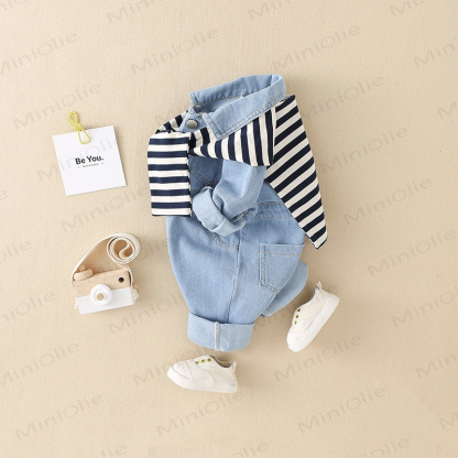 Baby Blue Denim Romper with Striped Shawl - image 2