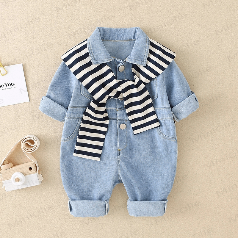 Baby Blue Denim Romper with Striped Shawl - Blue - 18-24M - image 1