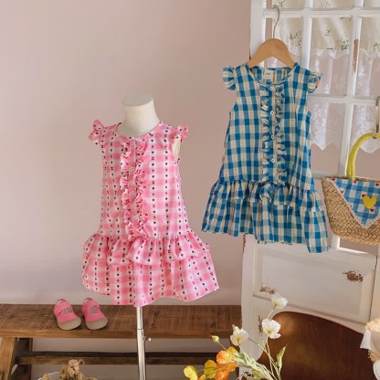 Toddler Heart Flower Plaid Ruffled Dress - image 1