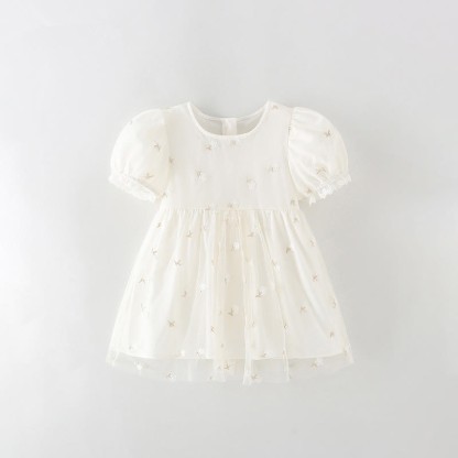 Toddler Embroidered Flower Tulle White Dress - White - 12Y - image 1