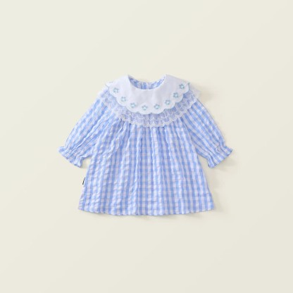 Toddler Blue Plaid Flower Lace Lapels Dress - Blue - 10Y - image 1