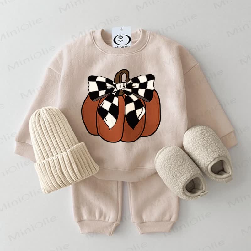 Baby 2-Piece Checkerboard Bow Pumpkin Beige Set - Beige - 2-3T - image 1