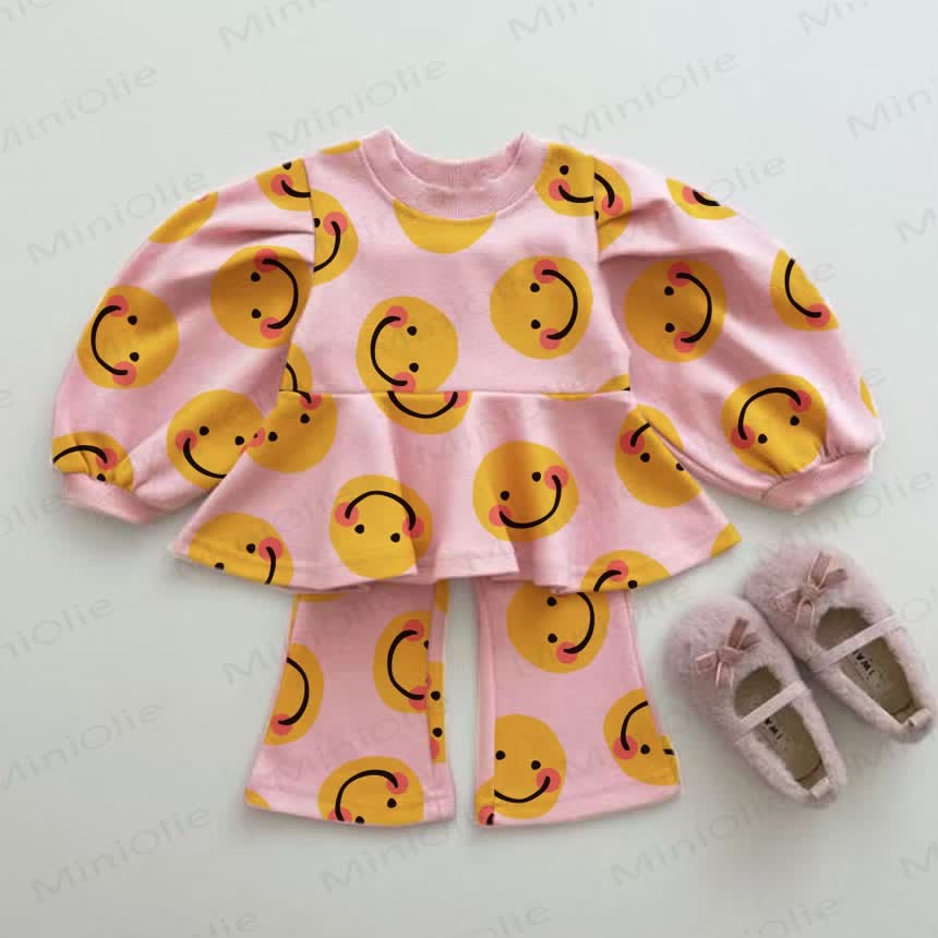 Baby Yellow Smiley Face 2-piece Lantern Sleeves Set - Pink - 2-3T - image 1