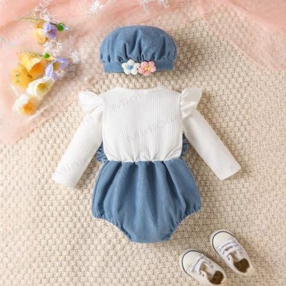 Baby Flower Corduroy Bodysuit with Hat - image 3