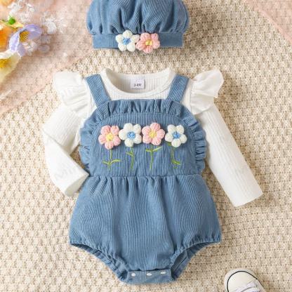 Baby Flower Corduroy Bodysuit with Hat - image 2
