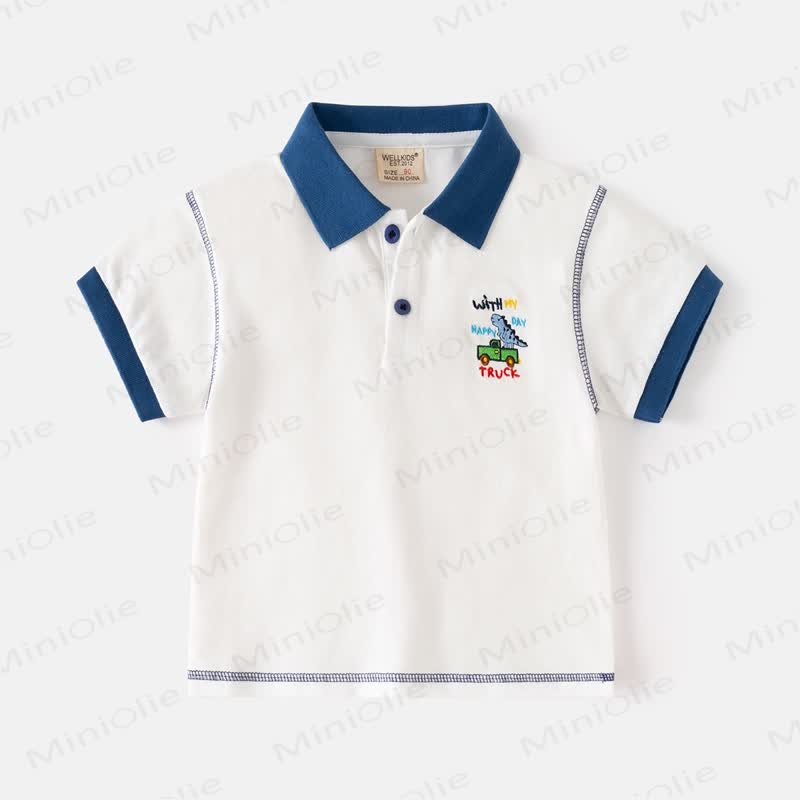 Kid Boy Embroidered Dinosaur Truck Polo Shirt - White - 8Y - image 2