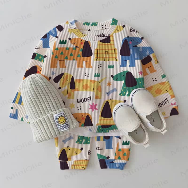 WOOF Baby Puppy Waffle 2-piece Set - Beige - 2-3T - image 1