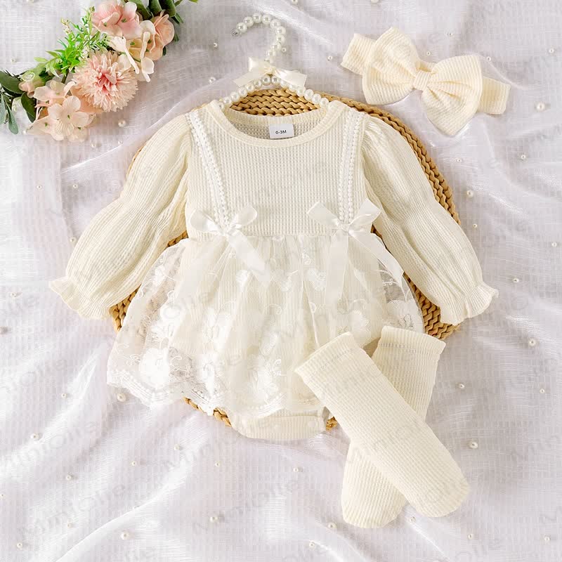 Baby Waffle Skirted Bodysuit Headband Sock  - Beige - 12-18M - image 2