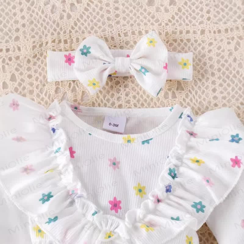 Baby Ribbed Flower Skirted Bodysuit Headband Sock  - image 2