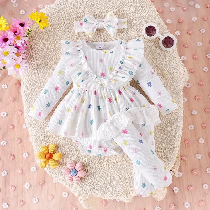 Baby Ribbed Flower Skirted Bodysuit Headband Sock  - White - 9-12M - image 1