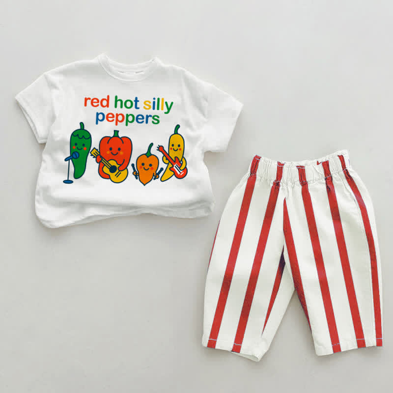 RED HOT SILLY PEPPERS Baby Green/Red Vertical Striped 2-piece Set - White&Red - 4-5T - image 7