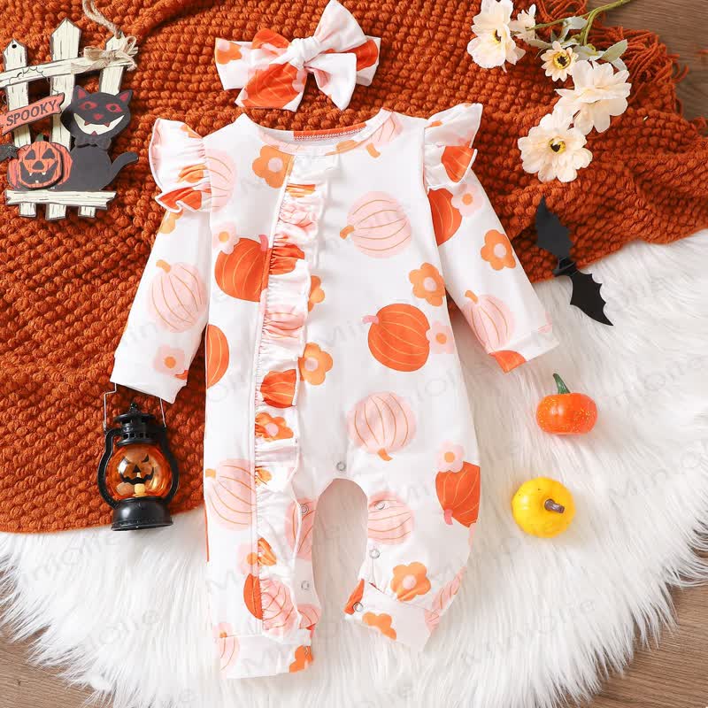 Baby Pumpkin Floral Romper with Headband - White - 12-18M - image 1