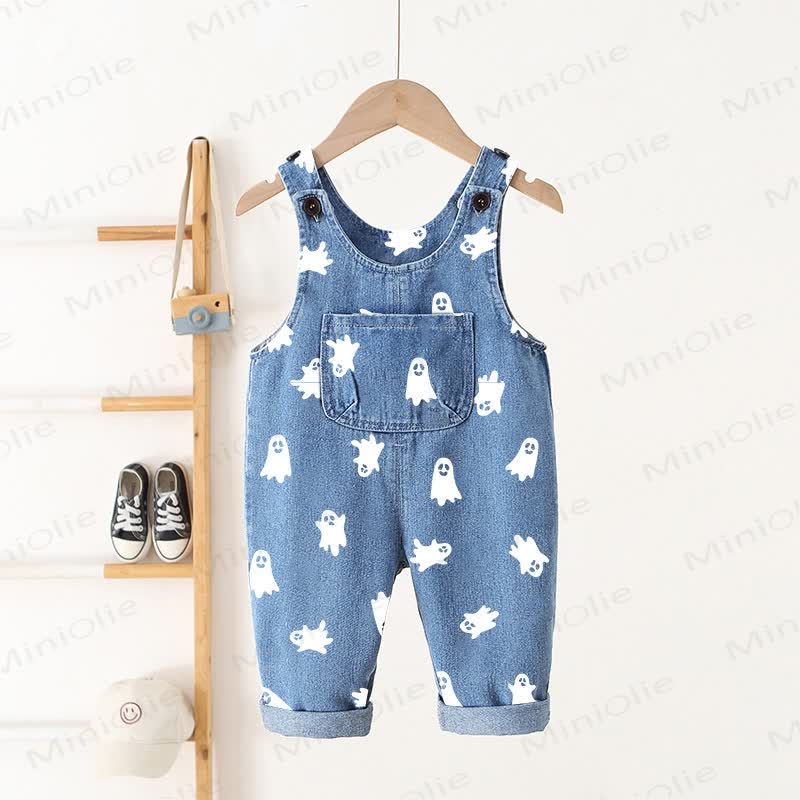 Baby Toddler Ghost Printed Denim Overalls  - White - 5-7T - image 1