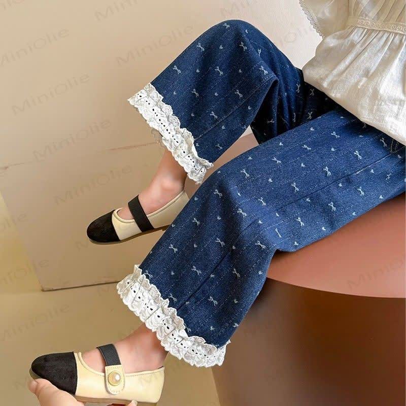 Baby Toddler Girl Bow Lace Printed Denim Pants - Blue - 10Y - image 1