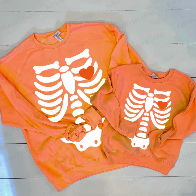 Halloween Skeleton Heart Family Casual Sweatshirt - Orange - Adult Sweatshirt: XL - image 1