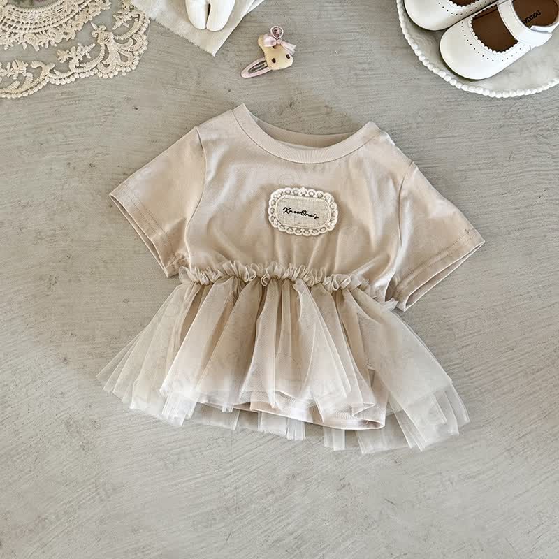 Baby Mesh Patch Short Sleeves Dress - Khaki - 2-3T - image 2