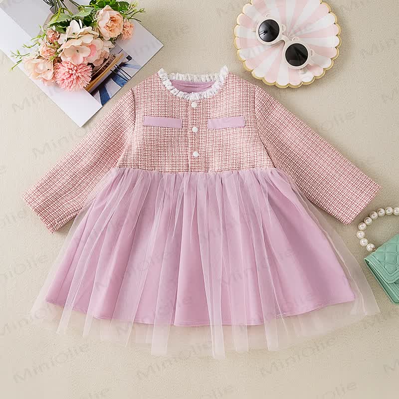 Baby Girl Lace Neckline Pink Mesh Dress - Pink - 2-3T - image 1