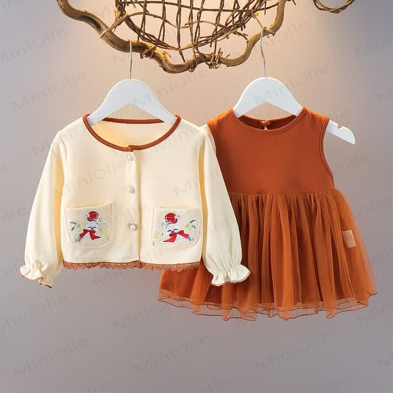 Baby Toddler Girl Color Block 2-Piece Dress Set - Beige Coat - 5-7T - image 1