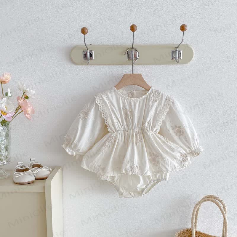 Baby Embroidered Beige Skirted Bodysuit - image 2