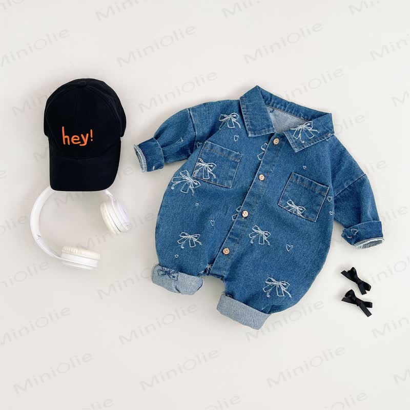 Baby Denim Bow Pocket Romper - Blue - 18-24M - image 1