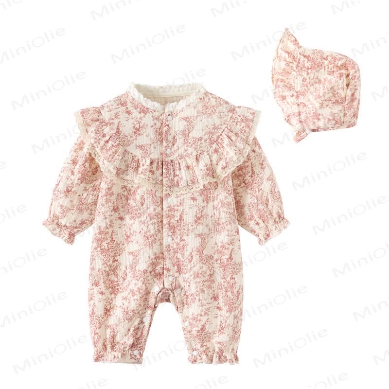  Baby Floral Ruffled Romper with Hat - Pink - 12-24M - image 2