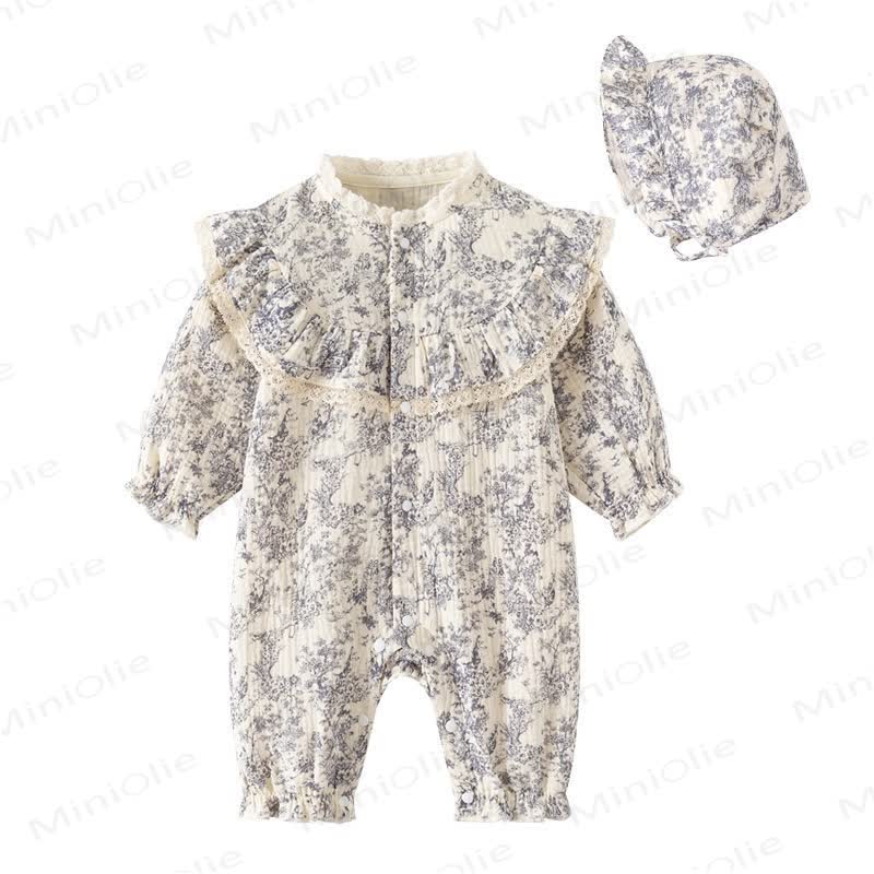 Baby Floral Ruffled Romper with Hat - Blue - 12-24M - image 1