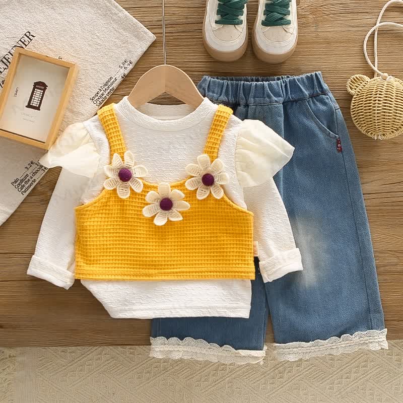 Toddler Girl Flower Lace 3-pcs Set - Yellow - 5-7T - image 2