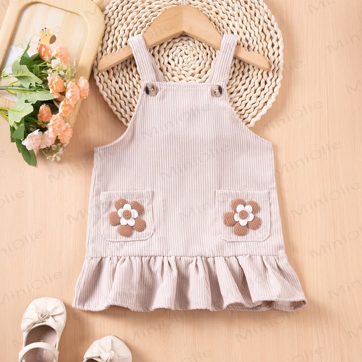 Baby Toddler Flower Corduroy Strap Dress - Beige - 5-7T - image 1