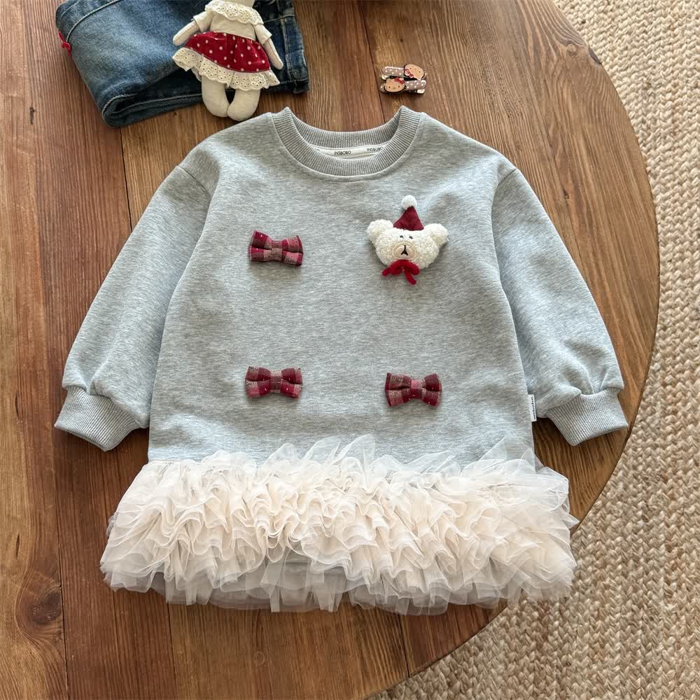 Toddler Bow Chrismas Bear Sweatshirt Mesh ﻿Dress - Gray - 4-5T - image 1