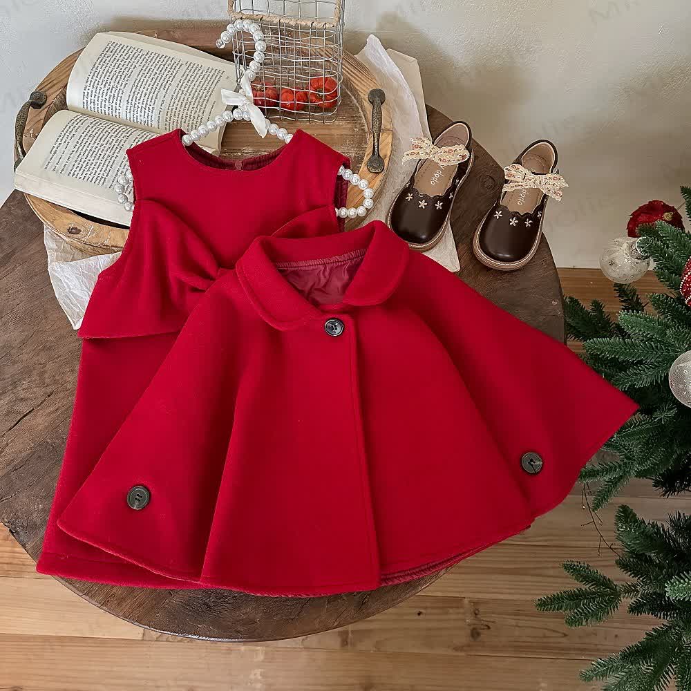 Toddler 2-piece Set Cape Red Bow Dress - Red - 4-5T - image 1